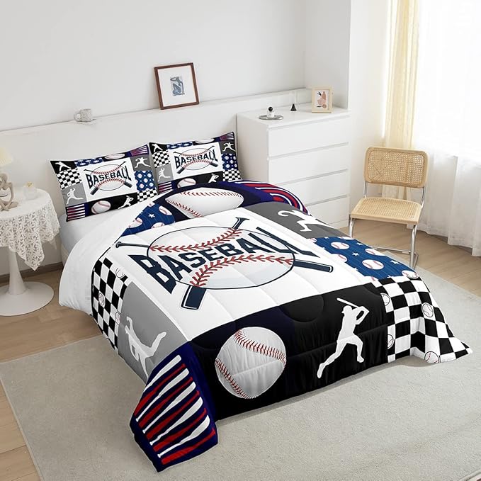 Baseball Bedding,Kids Sports Baseball Comforter Set For Boys Girls Twin Size,Teen Baseball Quilt Set Sport Fans Room Decor,Patchwork Geometric Checkered Comforter Balck white Navy Blue 1 Pillowcase - LeafyLoom