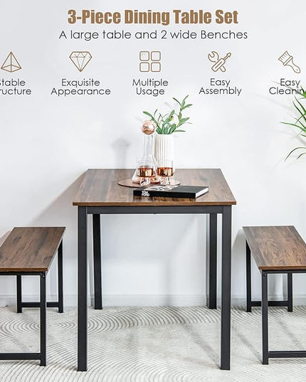 KOTEK Dining Table Set for 4, Modern Kitchen Table Set with 2 Benches, 3 Piece Dining Table and Bench Set for Small Space, 4-Person Dinette Set for Kitchen, Dining Room (Brown) - LeafyLoom