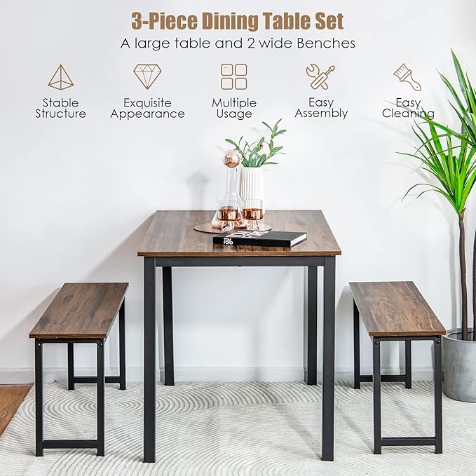 KOTEK Dining Table Set for 4, Modern Kitchen Table Set with 2 Benches, 3 Piece Dining Table and Bench Set for Small Space, 4-Person Dinette Set for Kitchen, Dining Room (Brown) - LeafyLoom