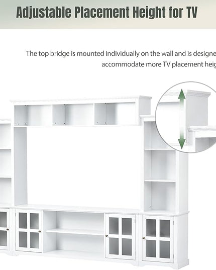 Four in One Entertainment Wall Unit w/Bridge, Multifunctional Stand for TVs Up to 70", Media Console Table with Tempered Glass Door for Living Room, 104 inch, White - LeafyLoom