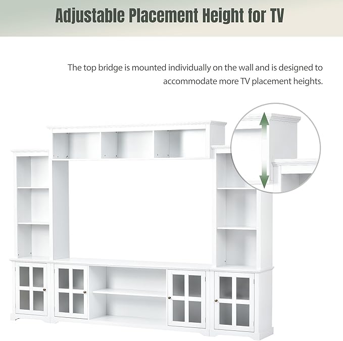 Four in One Entertainment Wall Unit w/Bridge, Multifunctional Stand for TVs Up to 70", Media Console Table with Tempered Glass Door for Living Room, 104 inch, White - LeafyLoom