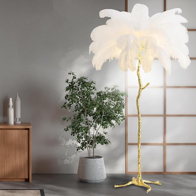 Ostrich Feather Floor Lamp Modern Ostrich Feather LED feather lamp floor Lamp Dimmable Standing feather floor lamp for Living Room Bedroom（White） - LeafyLoom