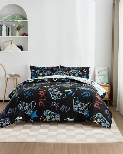Meeting Story Gamer Gaming Bedding Sets Fluorescence Gamepad Comforter Set for Boys Games Console Action Buttons Novelty Colorful Modern Room Decor Home Quilt Set (Black, Twin6pcs) - LeafyLoom