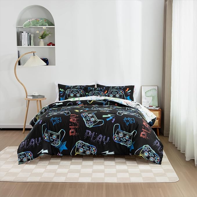Meeting Story Gamer Gaming Bedding Sets Fluorescence Gamepad Comforter Set for Boys Games Console Action Buttons Novelty Colorful Modern Room Decor Home Quilt Set (Black, Twin6pcs) - LeafyLoom