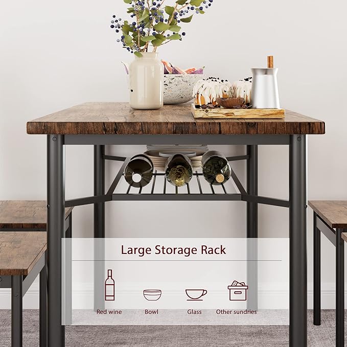 IDEALHOUSE Dining Table Set for 4, Kitchen Table and Chairs for 4 with Wine Rack, Sturdy Rectangular Kitchen Table Set, Dining Room Table Set for Small Space, Apartment, Dinner, Retro Brown - LeafyLoom