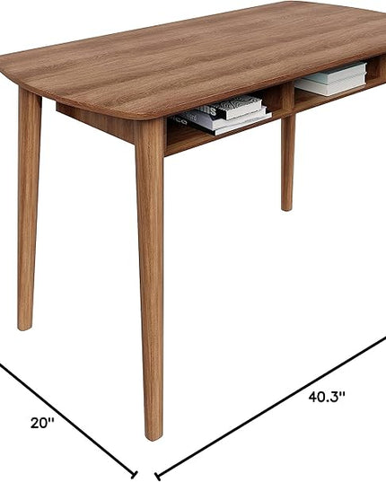 Modern Design By Crafts & comfort Monza Computer Desk, Mid Century Desk with Recessed Drawers, Writing Desk for Small Area - Walnut/Walnut - LeafyLoom