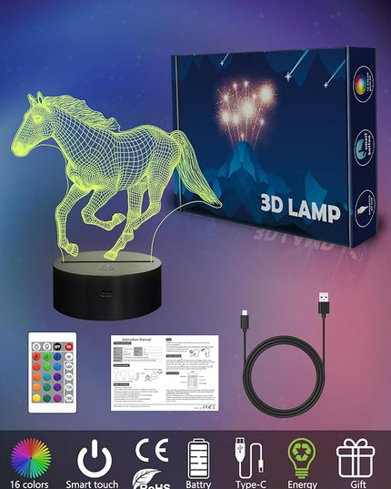 FULLOSUN Horse Night Light, Horse Gift for Girls, 3D Horse Night Lights with Remote Contro 16 RGB Colors Changeable Kids Room Boys Girls Gift for Holiday Birthday Xmas Creative Decoration - LeafyLoom
