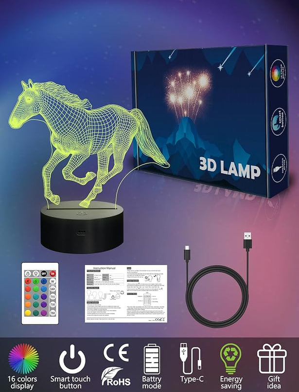 FULLOSUN Horse Night Light, Horse Gift for Girls, 3D Horse Night Lights with Remote Contro 16 RGB Colors Changeable Kids Room Boys Girls Gift for Holiday Birthday Xmas Creative Decoration - LeafyLoom