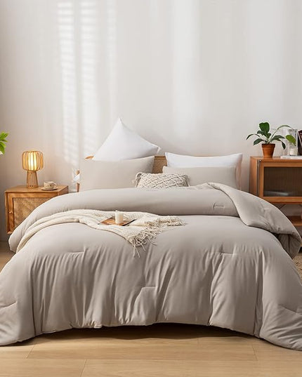 King Comforter Set Tannish Grey Solid Color Lightweight Bedding Comforter Sets 3pcs (1 Comforter, 2 Pillowcases) Soft Microfiber Down Alternative Comforter for All Season - LeafyLoom