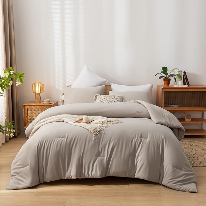 King Comforter Set Tannish Grey Solid Color Lightweight Bedding Comforter Sets 3pcs (1 Comforter, 2 Pillowcases) Soft Microfiber Down Alternative Comforter for All Season - LeafyLoom