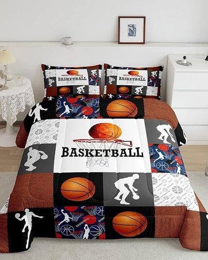 Basketball Twin Comforter Set For Boys Sports Bedding Set Basketball Athlete Bed Comforter Sets Patchwork Style Orange Black White Grey Soft Lightweight Quilt Duvet Insert 1 Pillow Case Room Decor - LeafyLoom