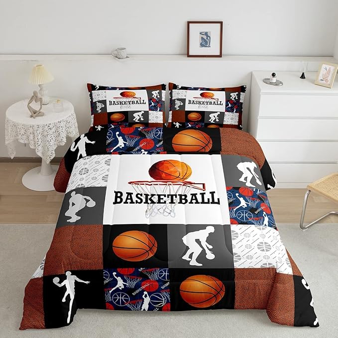 Basketball Twin Comforter Set For Boys Sports Bedding Set Basketball Athlete Bed Comforter Sets Patchwork Style Orange Black White Grey Soft Lightweight Quilt Duvet Insert 1 Pillow Case Room Decor - LeafyLoom