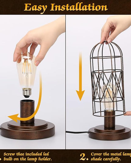 Small Touch Lamp, Industiral Table Lamp with Antique Bronze Cage, 3 Way Dimmable Bedside Lamp Vintage Nightstand Lamp Steampunk Edison Lamp for Bedroom Living Room Kitchen, LED Bulb Included - LeafyLoom