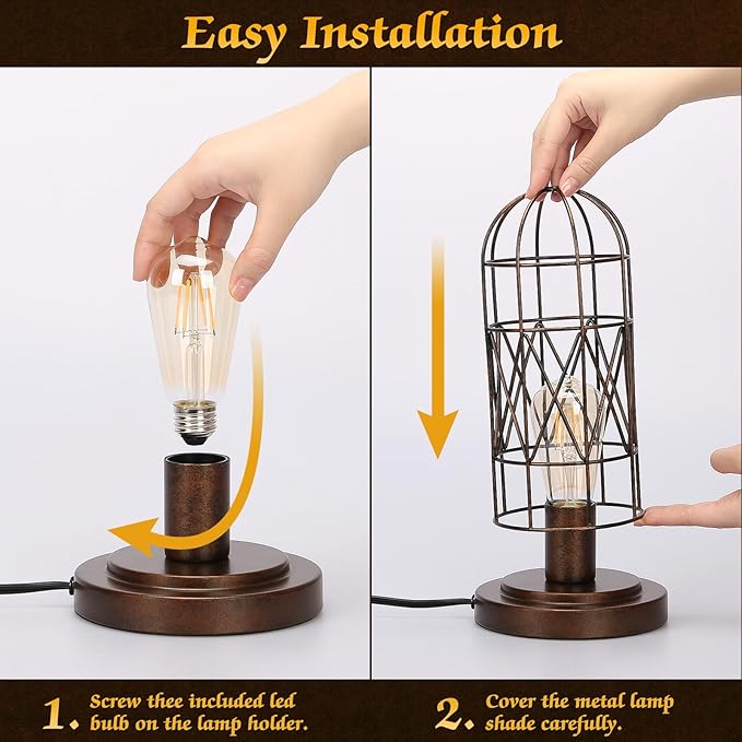 Small Touch Lamp, Industiral Table Lamp with Antique Bronze Cage, 3 Way Dimmable Bedside Lamp Vintage Nightstand Lamp Steampunk Edison Lamp for Bedroom Living Room Kitchen, LED Bulb Included - LeafyLoom