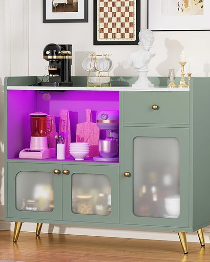 Cyclysio Sideboard Buffet Cabinet with Power Outlet, Kitchen Cabinet with LED Lights, Large Bar Cart Accent Buffet Cabinet with Door for Bedroom, Living Room, Kitchen, Hallway, Cyan - LeafyLoom