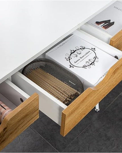 soges Mid Century Desk with Drawers, 3-Drawer Writing Study Desk, 43.3 inches Home Office Computer Desk for Small Space, Multifunctional Vanity Table Desk, White - LeafyLoom