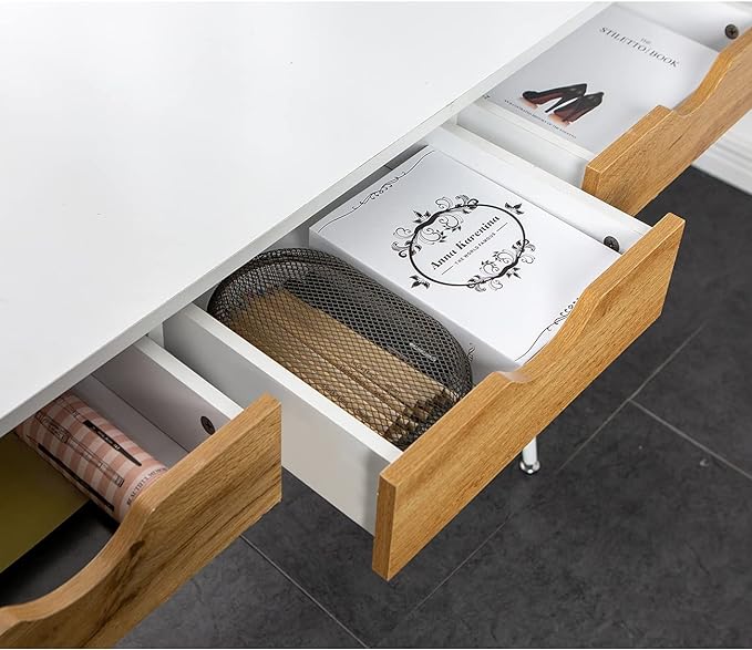 soges Mid Century Desk with Drawers, 3-Drawer Writing Study Desk, 43.3 inches Home Office Computer Desk for Small Space, Multifunctional Vanity Table Desk, White - LeafyLoom