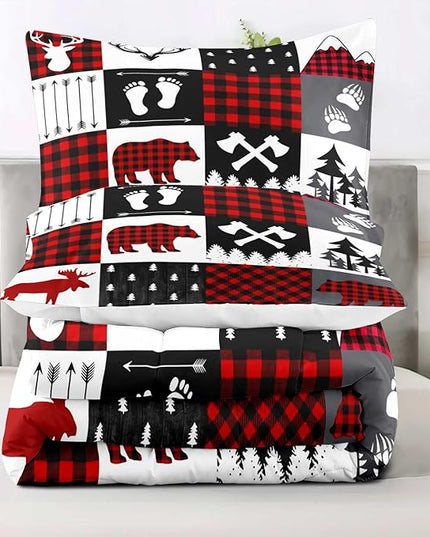LUVIVIHOME 2PCS Rustic Cabin Comforter Set Twin Size, Christmas Bedding, Deer Bear White Red Black Plaid Patchwork Lodge Log Country Farmhouse Bedroom Decor, Soft Microfiber Quilt, 1 Pillow Sham - LeafyLoom