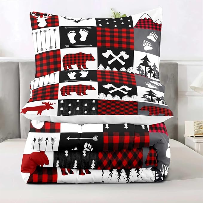 LUVIVIHOME 2PCS Rustic Cabin Comforter Set Twin Size, Christmas Bedding, Deer Bear White Red Black Plaid Patchwork Lodge Log Country Farmhouse Bedroom Decor, Soft Microfiber Quilt, 1 Pillow Sham - LeafyLoom