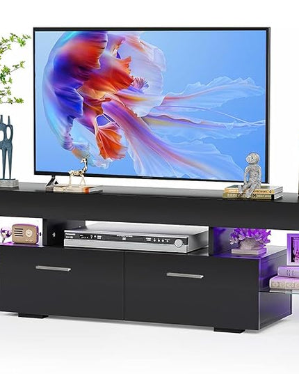 HOUAGI LED TV Stand for 50/55/60/65/70 Inch TVs,Modern Entertainment Center with Storage Drawer and Glass shelf, TV Console Table for Living room,Bedroom,Black - LeafyLoom