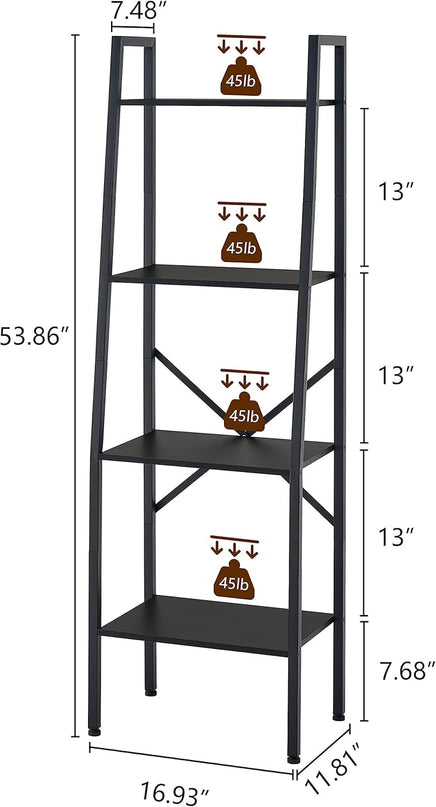 Hoctieon Ladder Shelf Bookcase, 4-Tier Ladder Bookshelf, Tall Bookshelf with Metal Frame, Industrial Bookshelf Ladder, for Living Room, Kitchen, Home Office, Bedroom, Simple Assembly, Black - LeafyLoom