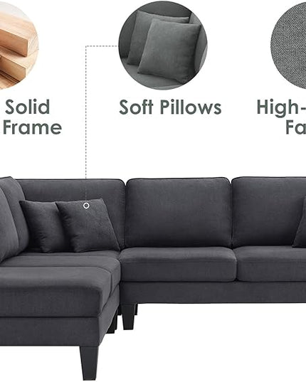 90" Modern L-Shape Sectional Sofa with Chaise Lounge,5-Seat Practical Couch Set W/ 3 Pillows,7''Leg Height,Minimalist Style,Indoor Furniture for Living Room Apartment Office,Grey Terrycloth - LeafyLoom