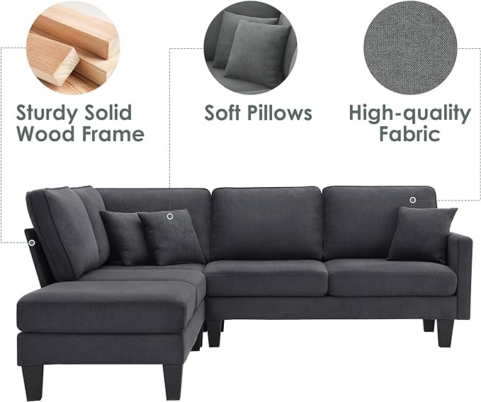 90" Modern L-Shape Sectional Sofa with Chaise Lounge,5-Seat Practical Couch Set W/ 3 Pillows,7''Leg Height,Minimalist Style,Indoor Furniture for Living Room Apartment Office,Grey Terrycloth - LeafyLoom
