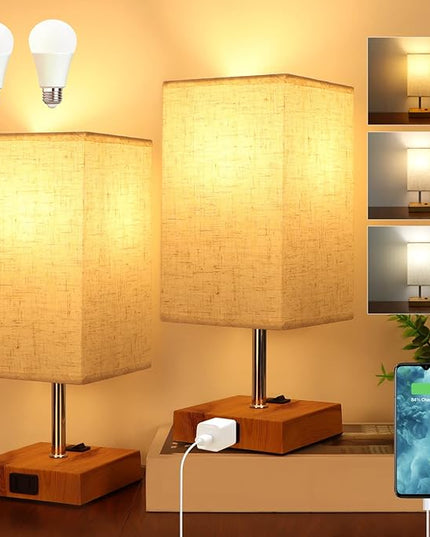 Dott Arts Small Table Lamps for Bedrooms Set of 2,2700K 4000k 5000K Nightstand Lamps with AC Outlets，Minimalist Wood Bedside Lamp with Square Shade,Night Light Lamp for Living Room Kids Room Office - LeafyLoom
