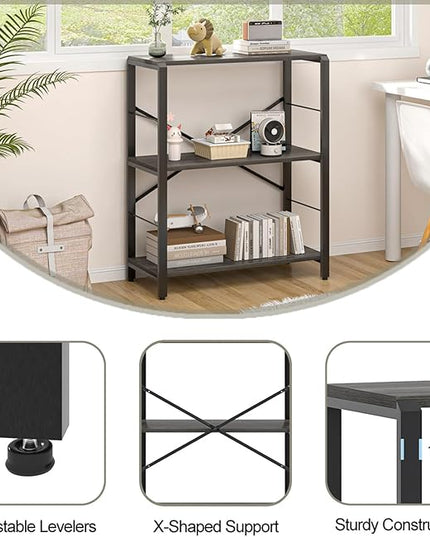 FOLUBAN Industrial Small Bookshelf, 3 Tier Low Short Book Shelf, Metal and Wood BookCase for Small Spaces, Bedroom Living Room, Dark Gray - LeafyLoom