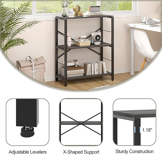 FOLUBAN Industrial Small Bookshelf, 3 Tier Low Short Book Shelf, Metal and Wood BookCase for Small Spaces, Bedroom Living Room, Dark Gray - LeafyLoom