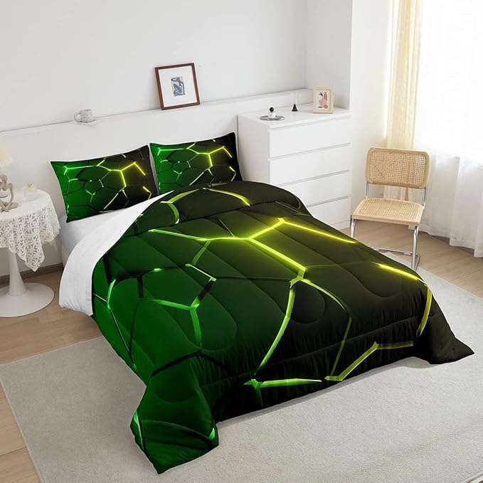 Honeycomb Comforter Green Yellow Hexagonal Print Bedding Set for Kids Boys Girls Children Beehive Geometrical Comforter Set Ultra Soft Decor Reticulated Duvet Set Full Size - LeafyLoom