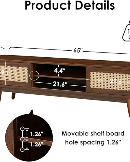 STARY 65''Mid Century Modern TV Stand,Boho Media Console Entertainment Center with Cable Management for Living Room, Walnut - LeafyLoom