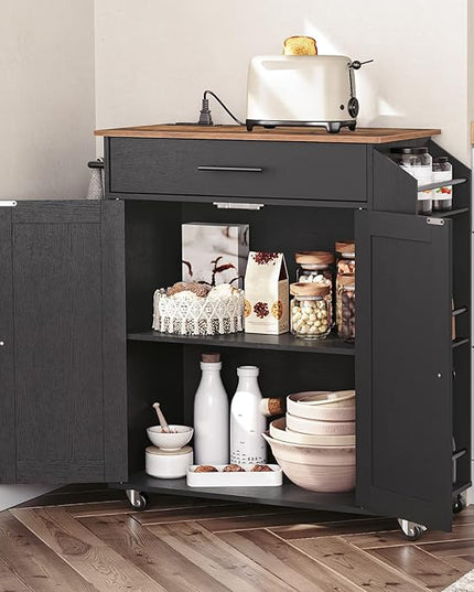 HOOBRO Kitchen Island with Power Outlet, Kitchen Storage Island with Spice Rack and Drawer, Rolling Kitchen Cart on Wheels, for Home, Kitchen and Dining Room, Rustic Brown and Black BF82UZD01G1 - LeafyLoom