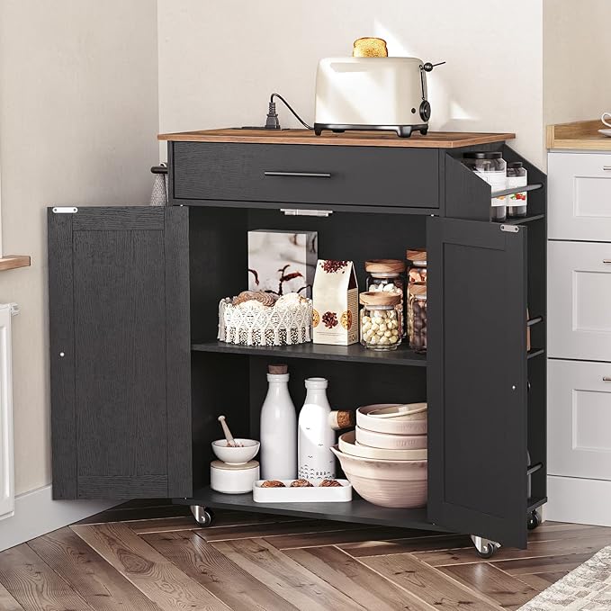 HOOBRO Kitchen Island with Power Outlet, Kitchen Storage Island with Spice Rack and Drawer, Rolling Kitchen Cart on Wheels, for Home, Kitchen and Dining Room, Rustic Brown and Black BF82UZD01G1 - LeafyLoom