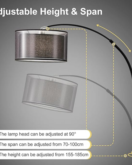 73" H Arc Floor Lamp with Remote Control, E26 40Watts LED Bulb, Stepless Color Temperature & Brightness Control, 30/60Mins Timer Function, Adjustable Height & Width for Living Room(Black) - LeafyLoom
