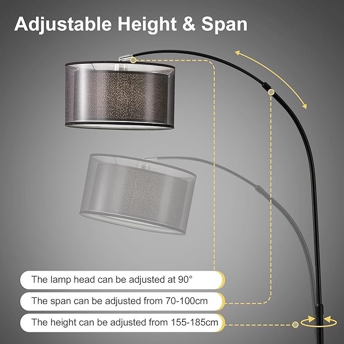 73" H Arc Floor Lamp with Remote Control, E26 40Watts LED Bulb, Stepless Color Temperature & Brightness Control, 30/60Mins Timer Function, Adjustable Height & Width for Living Room(Black) - LeafyLoom