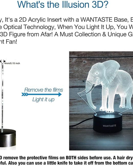 Elephant 3D Lamp Toys for Boys Girls Room, Night Light Bedside Decor Gifts for Kids Baby, 7 Colors Changing Nightlight with Smart Control - LeafyLoom