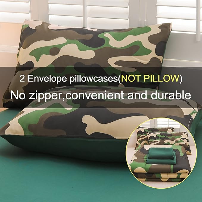 Meeting Story Camouflage Bedding Set, Green Camouflage Comforter Set, 5 PCS One Comforter and Two Pillowases, All Season Soft Bedspread for Boys Teens Adults (Green, Twin 5Pcs) - LeafyLoom