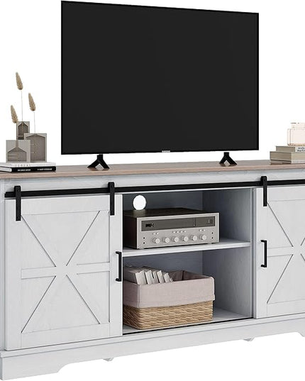 DWVO TV Cabinet for 65 Inch TV, Farmhouse TV Stand with Storage Cabinets and Sliding Barn Doors, Mid Century Modern Entertainment Center Media TV Console for Living Room, Grey White/Grey Wash - LeafyLoom