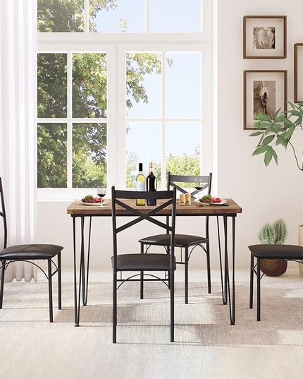 VECELO Kitchen Dining Room Table 4 Chairs for Small Space, Apartment,Metal Steel Frame, 5-Piece Set, Brown - LeafyLoom