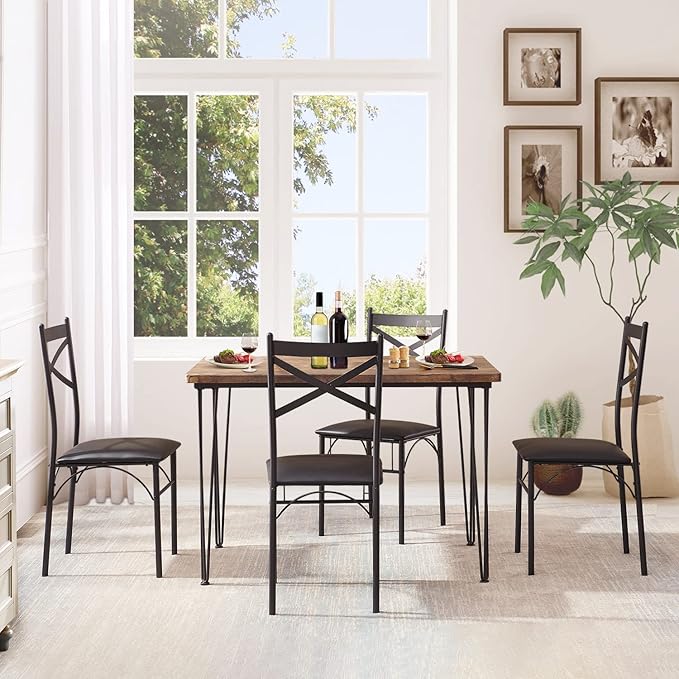 VECELO Kitchen Dining Room Table 4 Chairs for Small Space, Apartment,Metal Steel Frame, 5-Piece Set, Brown - LeafyLoom