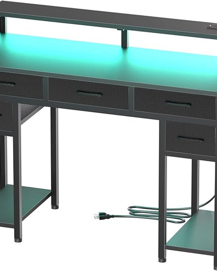 Black Computer Desk with Drawers, Gaming Desk with LED Light & Power Outlet, 47" Home Office Desk with Large Storage & Monitor Stand for Small Space - LeafyLoom
