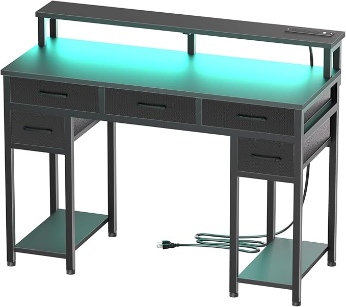 Black Computer Desk with Drawers, Gaming Desk with LED Light & Power Outlet, 47" Home Office Desk with Large Storage & Monitor Stand for Small Space - LeafyLoom