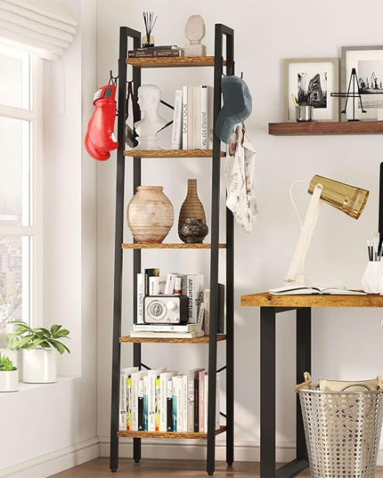 YMYNY 5 Tiers Ladder Bookcase, Industrial Narrow Bookshelf, Open Display Rack with 4 S Hooks, Metal Storage Shelves for Bedroom, Home Office, Living Room, Rustic Brown, 63H*13.4L*11.8W, UHBC025H - LeafyLoom