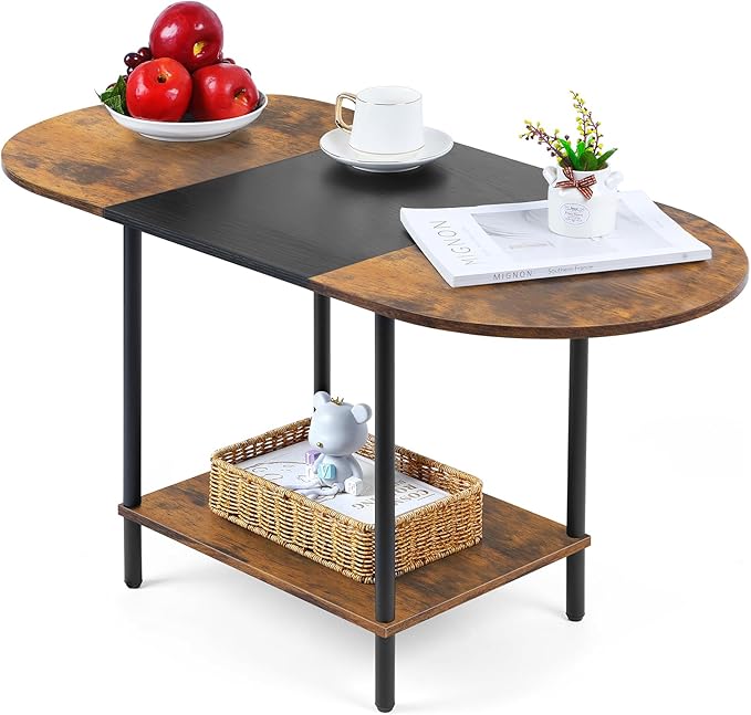 Coffee Tables for Living Room,2-Tier Small Coffee Table Farmhouse Oval Center Table with Storage Shelf and Wood Tabletop,for Small Space,Home Office,Black & Brown - LeafyLoom