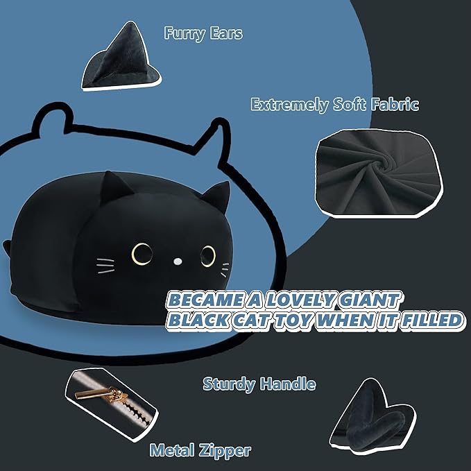 Stuffed Animal Storage Bean Bag Chair Cover for Kids Black Cat Beanbag Chair for Girls Large Size Toy Organizer Cover Only Without Filling - LeafyLoom