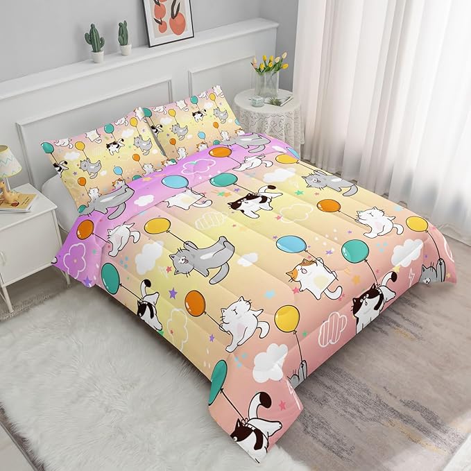 Datura home Kids Comforter Set Cute Cats Printed Pattern Bedding Set with 1 Comforter and 2 Pillowcases for Girls Boys Bedroom All Season(Cat1 Queen) - LeafyLoom