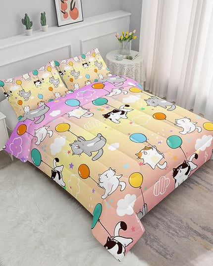 Datura home Kids Comforter Set Cute Cats Printed Pattern Bedding Set with 1 Comforter and 2 Pillowcases for Girls Boys Bedroom All Season(Cat1 Twin) - LeafyLoom