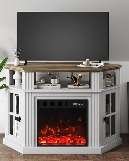 YESHOMY Corner Fireplace TV Stand for Television up to 55" with Storage Cabinets, Entertainment Center, Media Console for Living Room, Bedroom, White - LeafyLoom