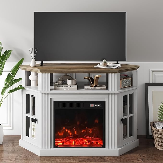 YESHOMY Corner Fireplace TV Stand for Television up to 55" with Storage Cabinets, Entertainment Center, Media Console for Living Room, Bedroom, White - LeafyLoom